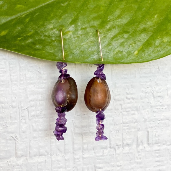 🐚14KGoldFilled Real Seashell/Amethyst Earrings - Picture 5 of 8